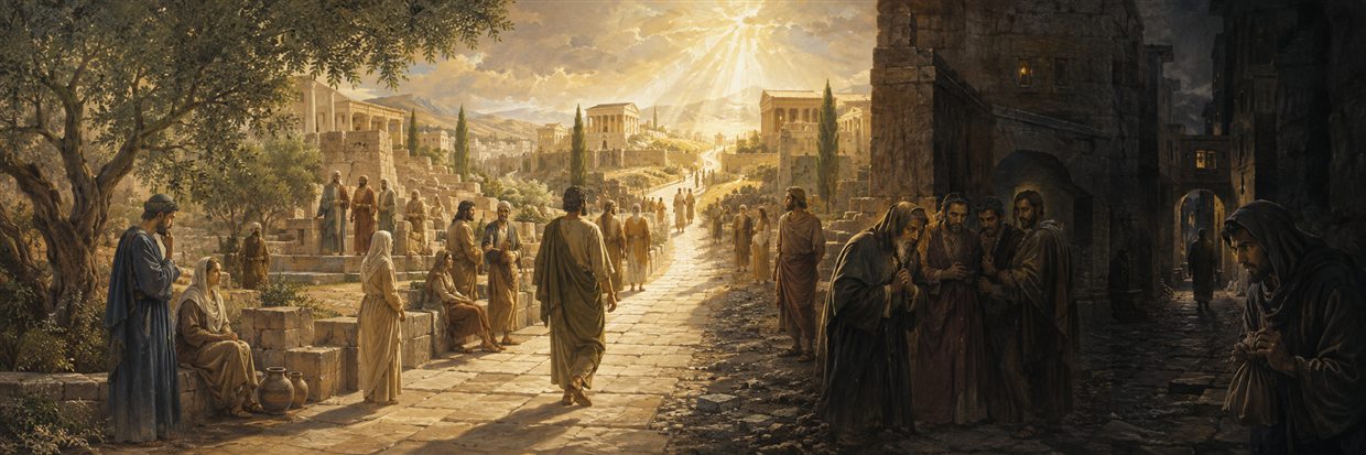 A community stands where an open path toward light divides from a shadowed path of whispered intrigue